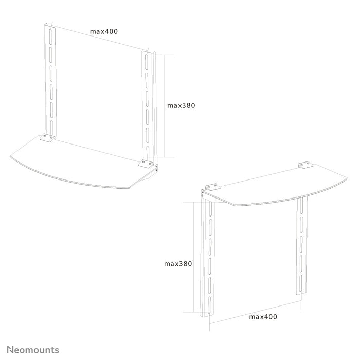 Neomounts AV-fäste, modell NS-SHELF100 är idealiskt för att placera AV-utrustning under väggfästen för platt-TV.