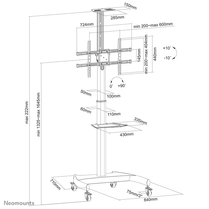 Neomounts PLASMA-M1900E är en flyttbar möbel för platta skärmar upp till 70 tum (178 cm), 90° rotation - Svart
