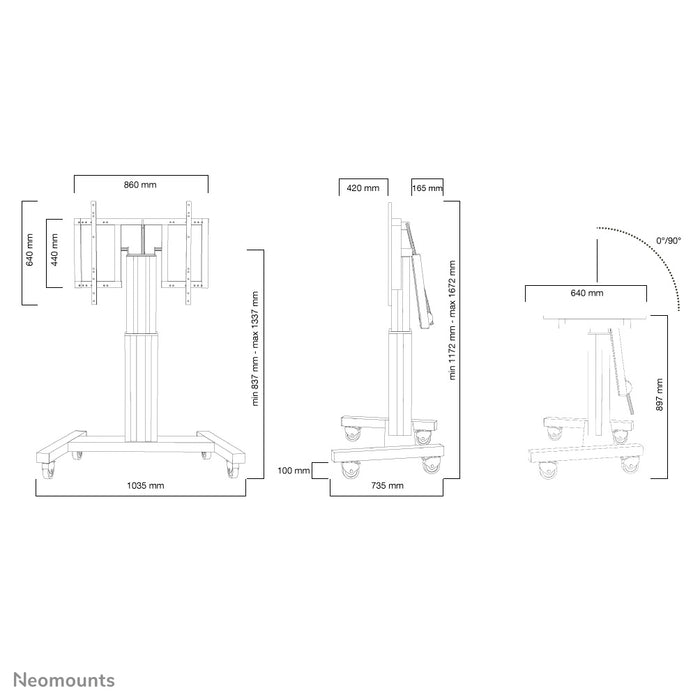 Neomounts PLASMA-M2500T svart är en elektriskt höj- och sänkbar vagn med 90 graders tilt-funktion för flatskärmar upp till 100 tum.