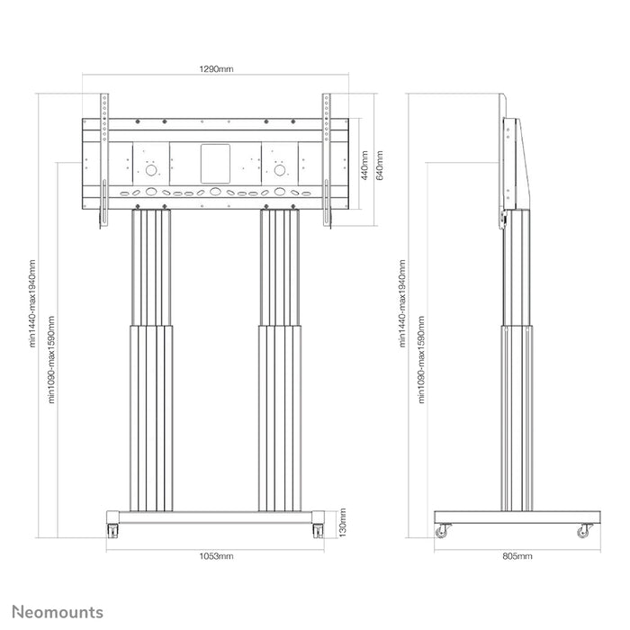 Neomounts PLASMA-M2600 svart är en elektriskt höjdjusterbar vagn för flatskärmar upp till 120 tum (305 cm).
