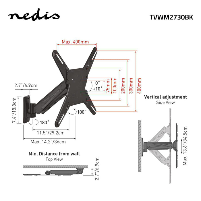 Vertikalt TV-väggfäste | 29 - 55" | Max. 20 kg | 345 mm vertikalt rörelseomfång