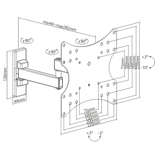 Wolff Mount TVB-101 – Compacte Draaibare TV-muurbeugel voor schermen tot 42 inch – VESA 200x200 – Lengte 28 cm