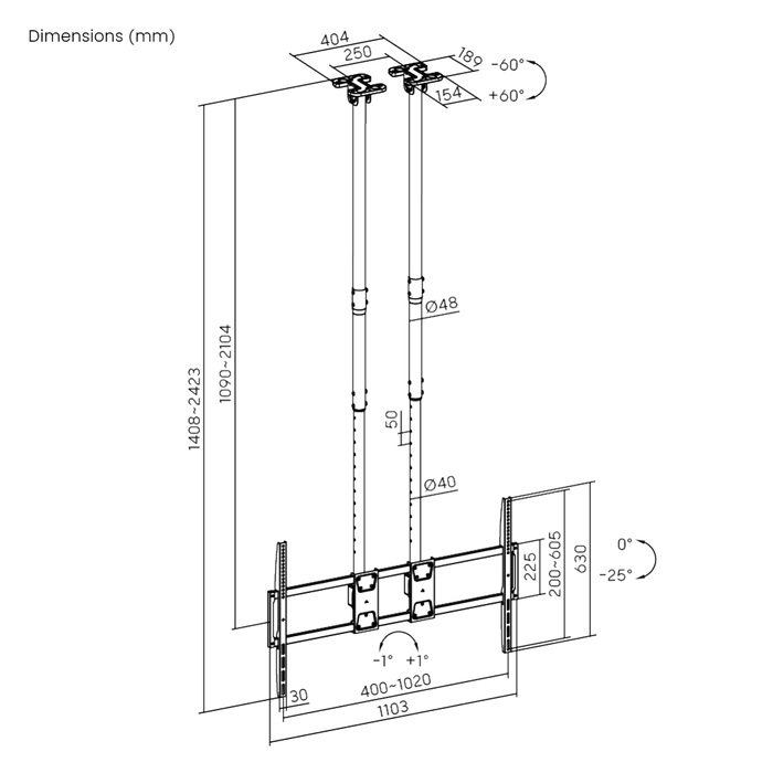 Wolff Mount TVB-116 – Plafondbeugel Heavy Duty XL met dubbele buis 60-120 inch en 120 kg draagvermogen