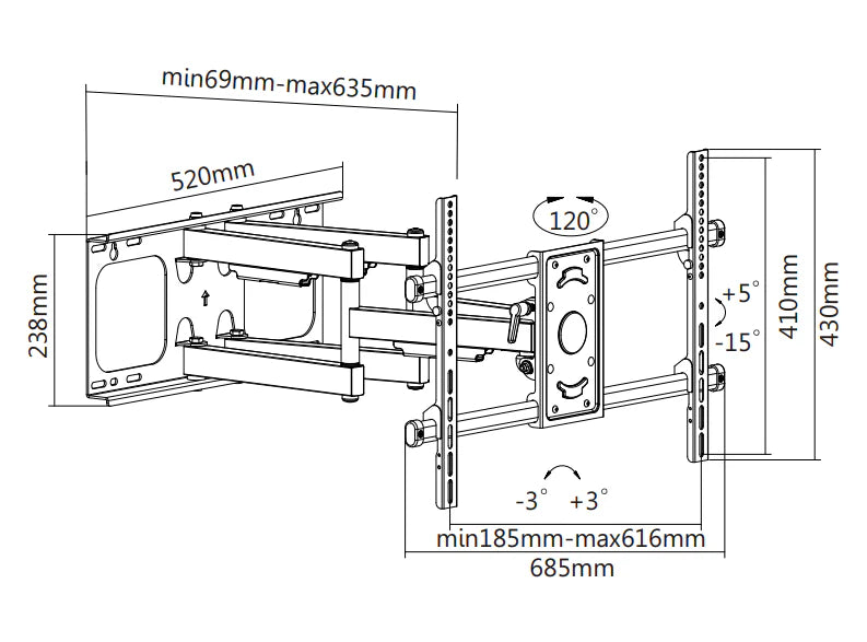 Wolff Mount TVB-78 – Sterke TV-muurbeugel 37 t/m 90 inch – 63 cm uit de muur – Draaibaar – tot 65 kg – VESA 600x400